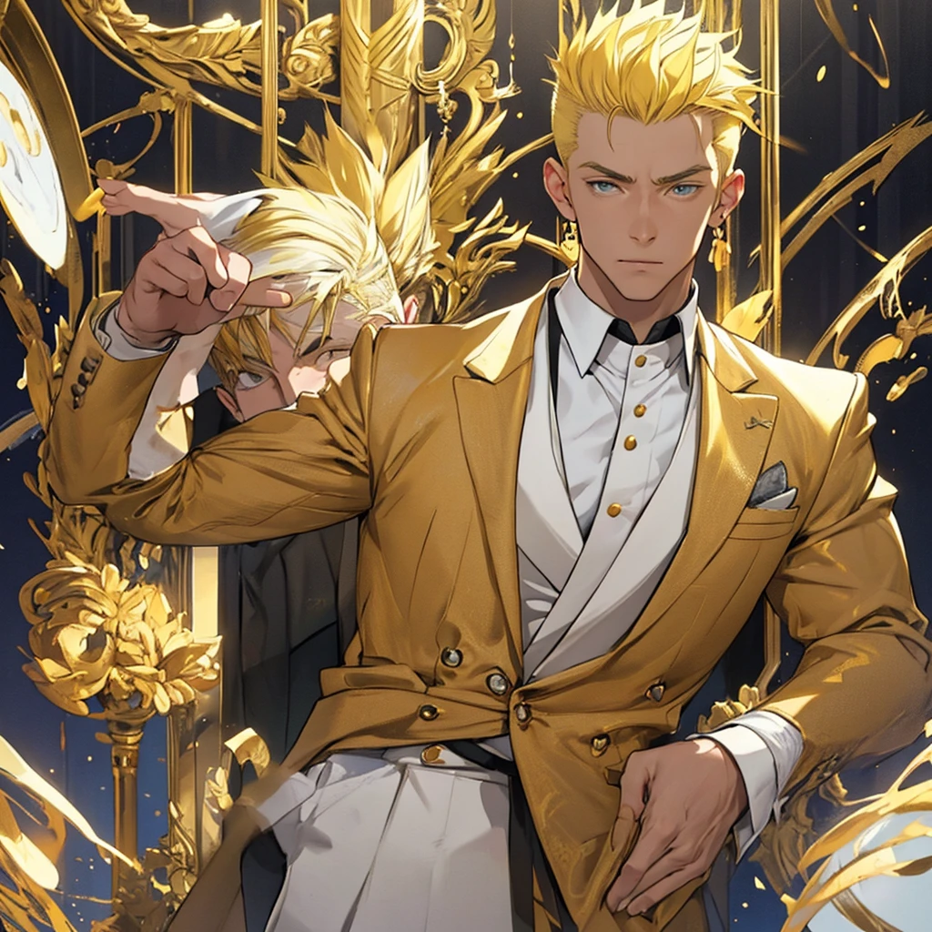 Man with an adult face. blond hair, short on the sides, formal. Yellow hair. Golden hair. yellow hair. athletic body, shaped body. He wears an elegant king&#39;s suit. corona. King&#39;s suit. corona. tez morena. brown skin. slanted red eyes. A man. Scar on one side of his face. fierce look.