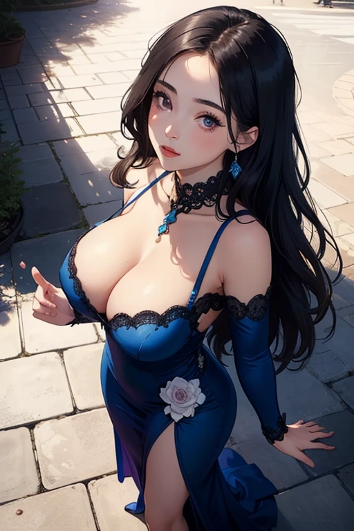 ((Best Quality)), ((masterpiece)), (detailed), 1 girl, with a blue evening dress,neckline,big breasts,wide hips,by rubio,violet eyes, long wavy fur,((Whole body)),((view from above))