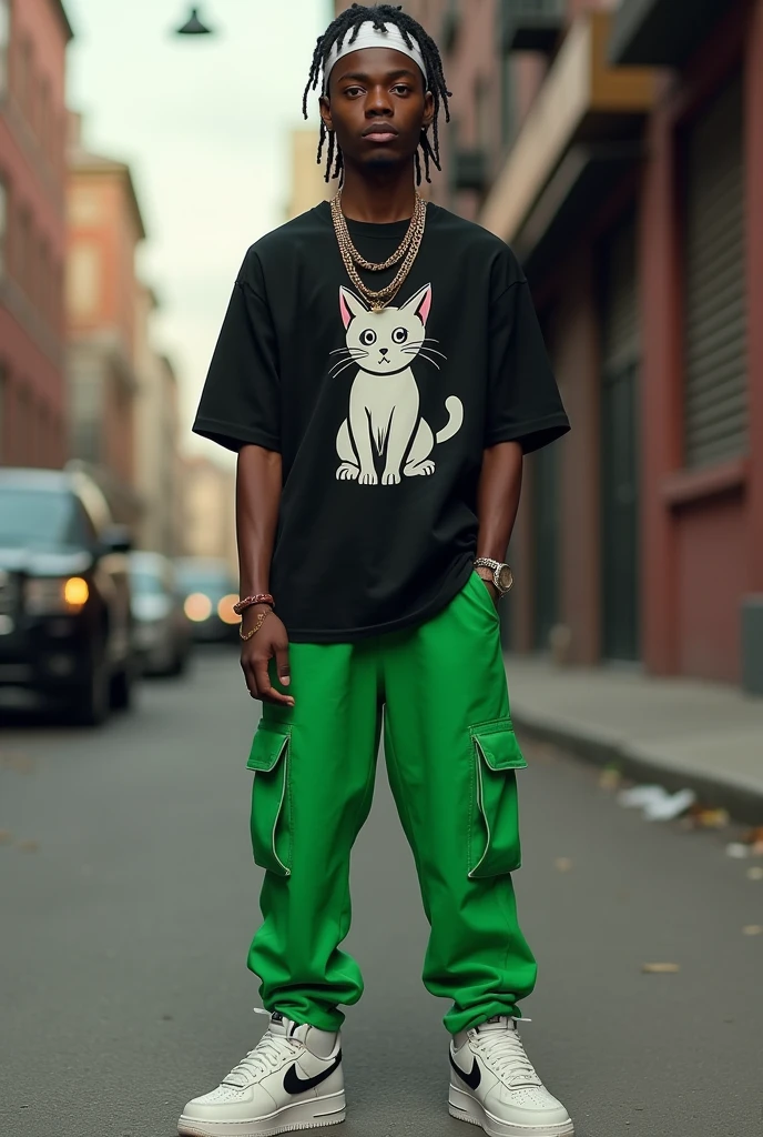 A man with a durag, black shirt with a cat, green pants and some Air Force Ones