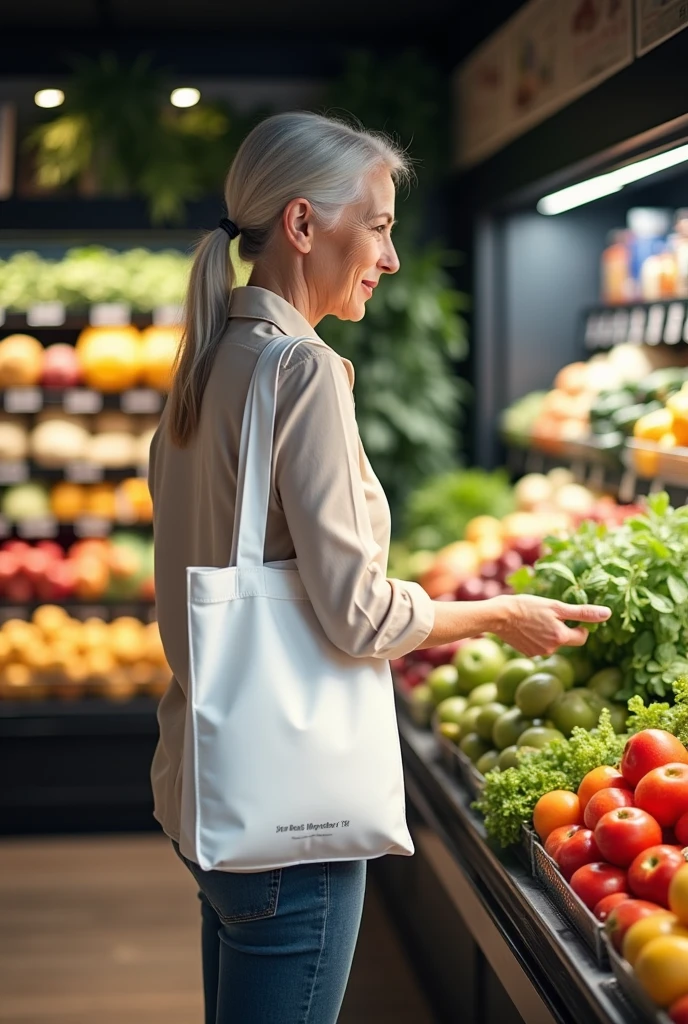 Create a white polyester grocery bag with a customer holding the bag in the produce section