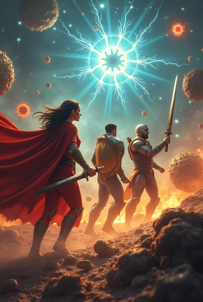 Description of the scene:
Antioxidants:
Vitamin C: Imagine a heroine with a cape blowing in the wind and a shining shield in one hand.. She is on the front line, ready to face danger. Your shield symbolizes the protection it offers to the body.
Vitamin E: Think of a robust warrior with protective armor.. He holds a sword which represents his ability to protect cell membranes.
Glutationa: Imagine a strong fighter, with special armor that seems to be made of light. He holds a luminous sword, symbolizing its ability to regenerate other antioxidants and fight free radicals.
Free Radicals:
Imagine creatures with unstable and irregular shapes, with big eyes and threatening expressions. They are attacking with electric bolts which represent their search for electrons to stabilize themselves..
Background of the scene:
No fundo, visualize damaged cells, with ruptured membranes and signs of chaos. Antioxidants are fighting to restore order and protect these cells.