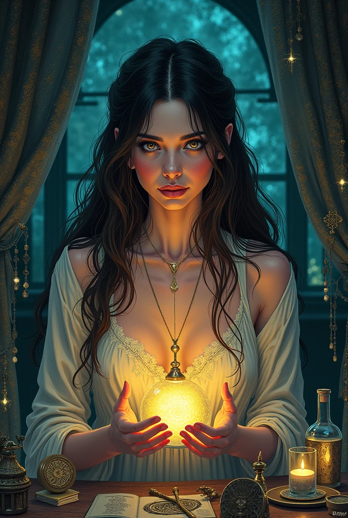 Please output a beautiful woman doing fortune telling. Please make it in an illustration style. 1080px x 1920px