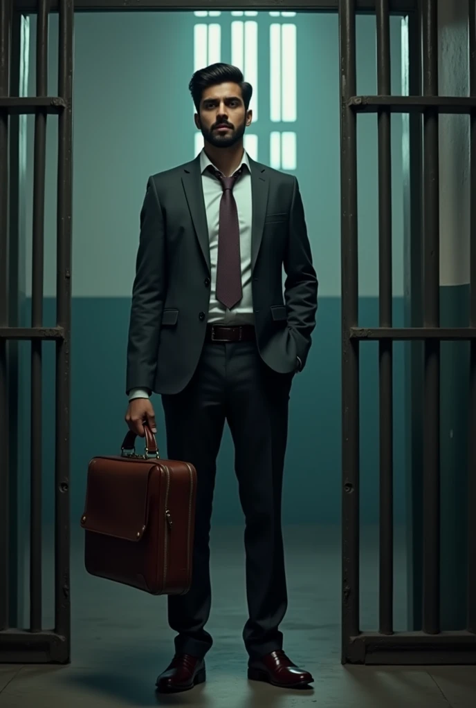 A young pakistani pharmaceutical company representative with a briefcase behind the steel bars of jail seeking justice
