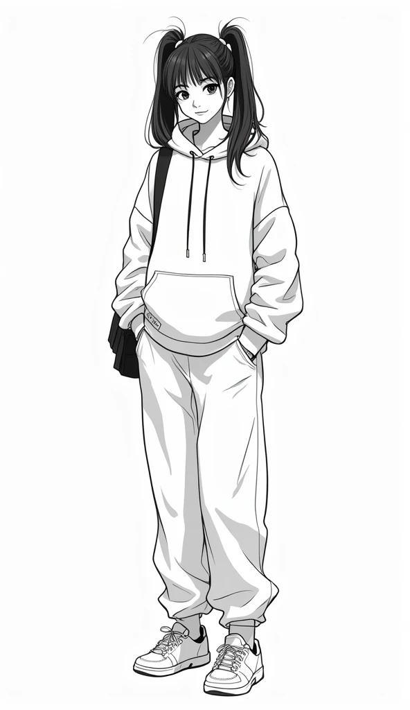 "A black and white sketch of a young Asian woman in her early twenties. She has a modern, Gen Z style with comfortable oversized clothing, like an oversized hoodie and baggy pants, reflecting her interest in sustainable fashion. Her hairstyle features two high pigtails. Add annotations with arrows pointing to different parts of the sketch: one pointing to her hoodie with the label 'Favorite color: Earth tones,' one pointing to her face with the label 'Age: 24,' and one pointing to her smartphone with the label 'Technology lover.' The layout should be minimalistic, with the labels clearly visible and enhancing the understanding of the character."