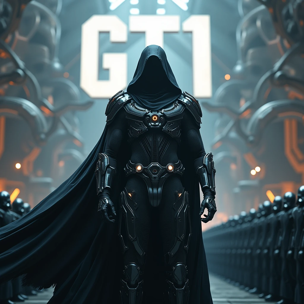 Hooded leader man, with biomechanical suit and cape, Talking to his horde of black-clad soldiers, on a huge Star Wars style base with the letters GT1, perfectly legible.