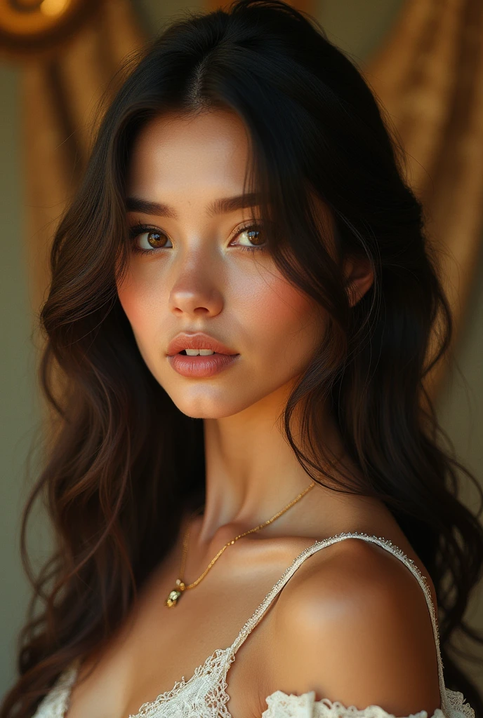 (photorealism:1.2), beautiful woman, wearing blacks t shirt, long hair, realistic, intricate details, warm colors, by Greg Rutkowski, by Alphonse Mucha