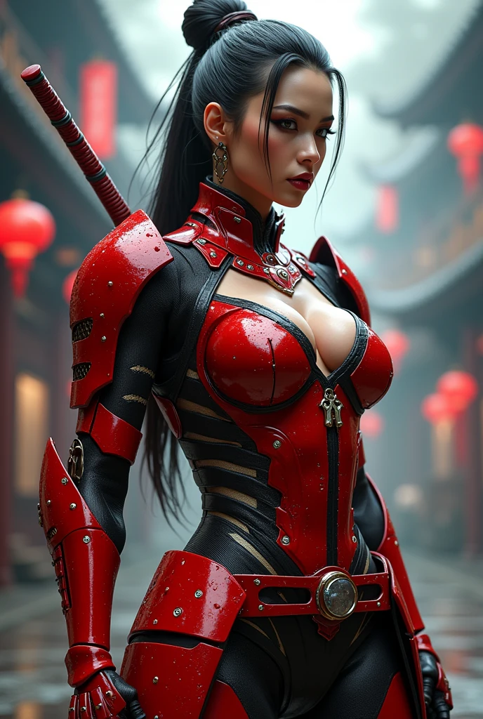 a female cybernetic samurai warrior in crimson armor, hourglass body, huge breasts, large hips, fighting pose