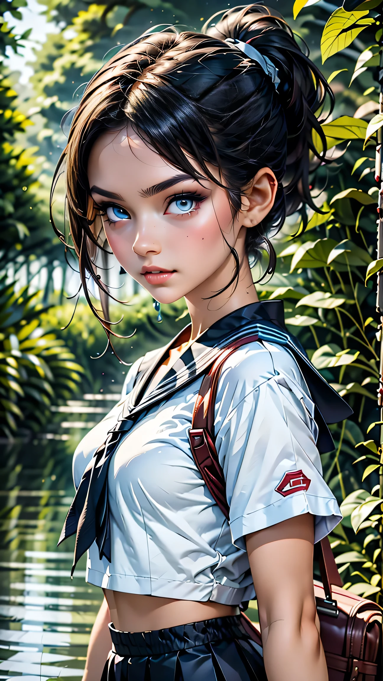 high school girl、White Sailor Suit(summer服)、White pleated skirt、White socks、loafers、ponytail、school bag、summer、sunset、Her underwear is visible through her old clothes.、In the depths of the night forest,、masterpiece, 最high quality, high quality, High resolution, (((Upper body portrait)))、Upper body portrait、black eye