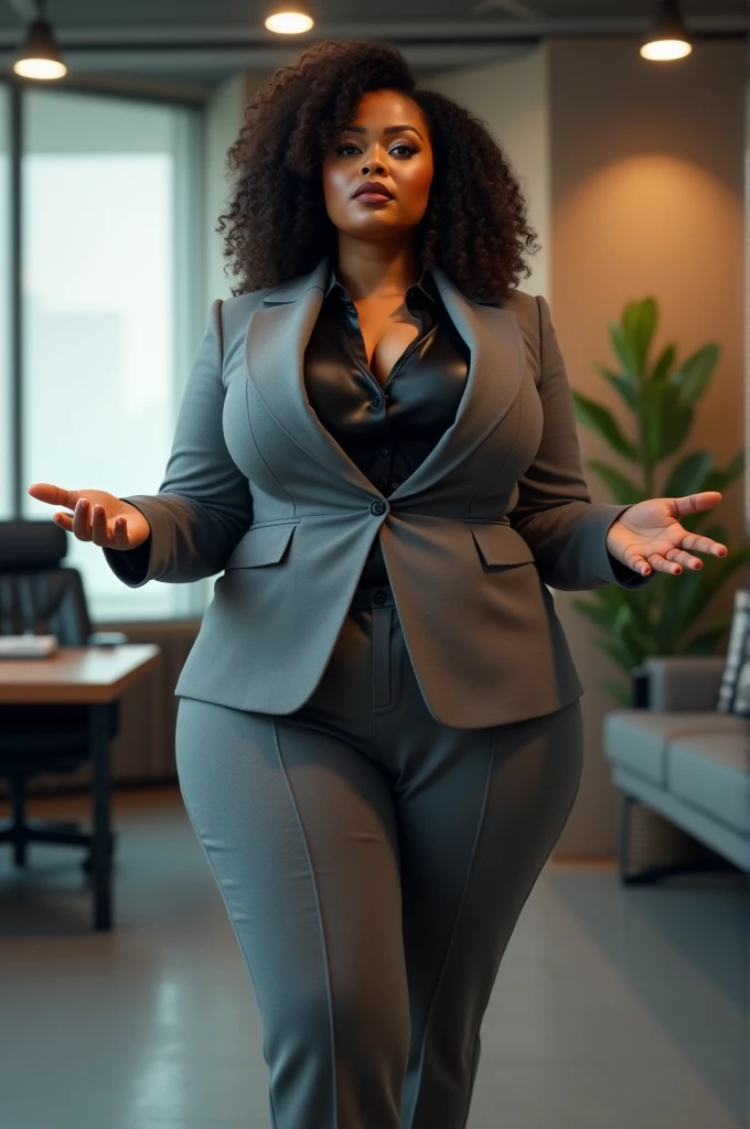 1girl, goddess, office scene shooting, gray suit with black silk sexy, charming and plump, hot body full of moving presentation, tall figure blooming in full bloom), (big breasts), (big breasts), (mole),