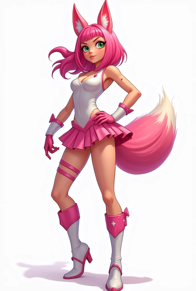 A pink haired ager, pink fox ears and green eyes posing for a photo wearing a superhero uniform. A tight white and pink sleeveless leotard, a short pink layered skirt, with long white boots with pink details. The uniform highlights power and femininity.
white background.
Comic book 2d style.