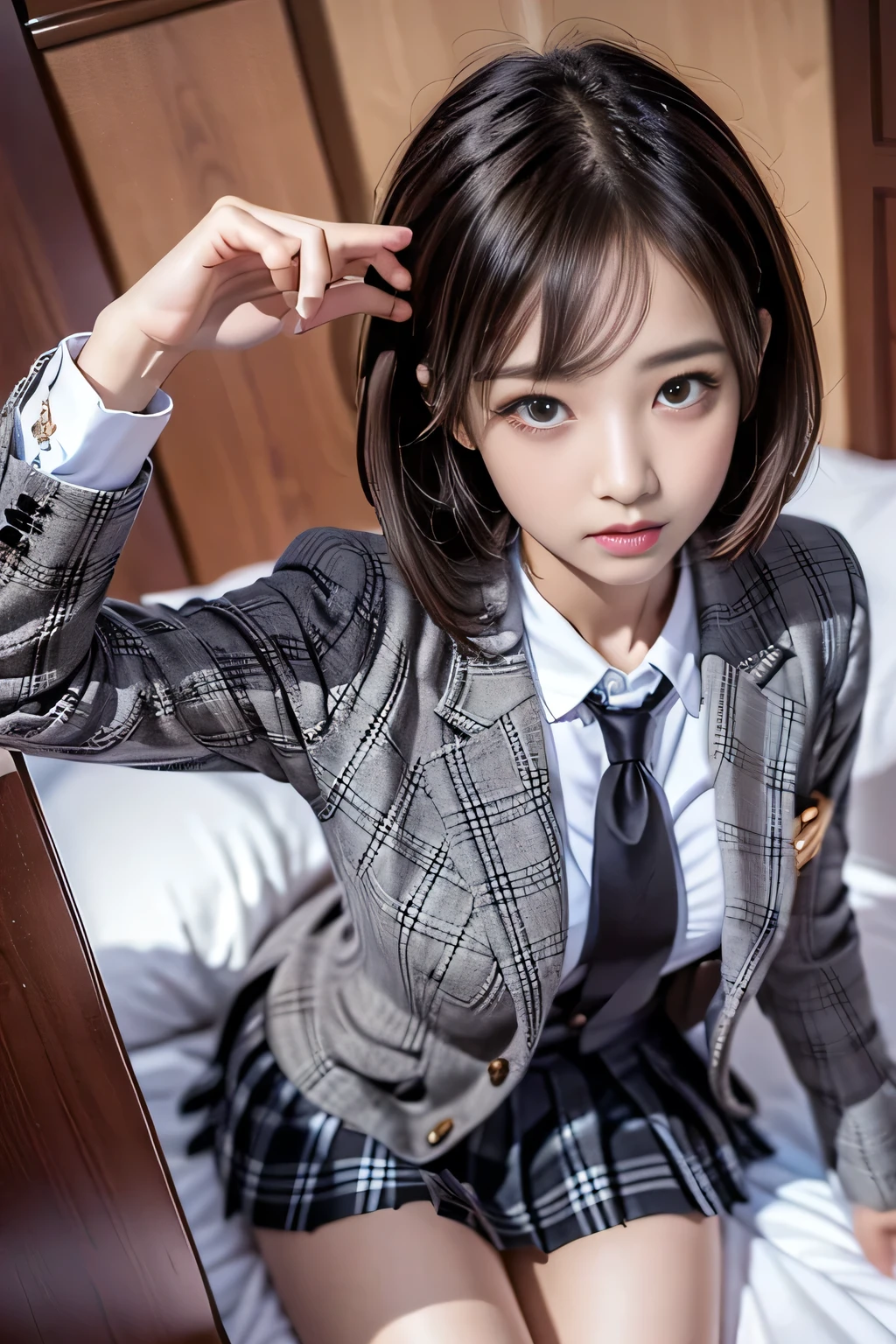  (8k, RAW Photos, Highest quality, masterpiece:1.2、RAW Photos), ((masterpiece:1.4))、((flying debris:1.4))、((Woman with light brown shorthair:1.4))、((Wearing a grey plaid pleated skirt:1.4))、((Wearing a tight black suit:1.4))、((Stand in the hotel bedroom))、very Sexy Costumes, Wearing a suit is strict、Stylish and gorgeous cosplay, Sexy Costumes, FashionWearing a suit, Wearing a suit, appropriate clothing、((Wearing a black suit:1.4))、Sexy look, suit、((Wearing a black suit:1.4))、Wearing a black suit、((Confused expression:1.4))、((Black knee-high socks:1.4))、