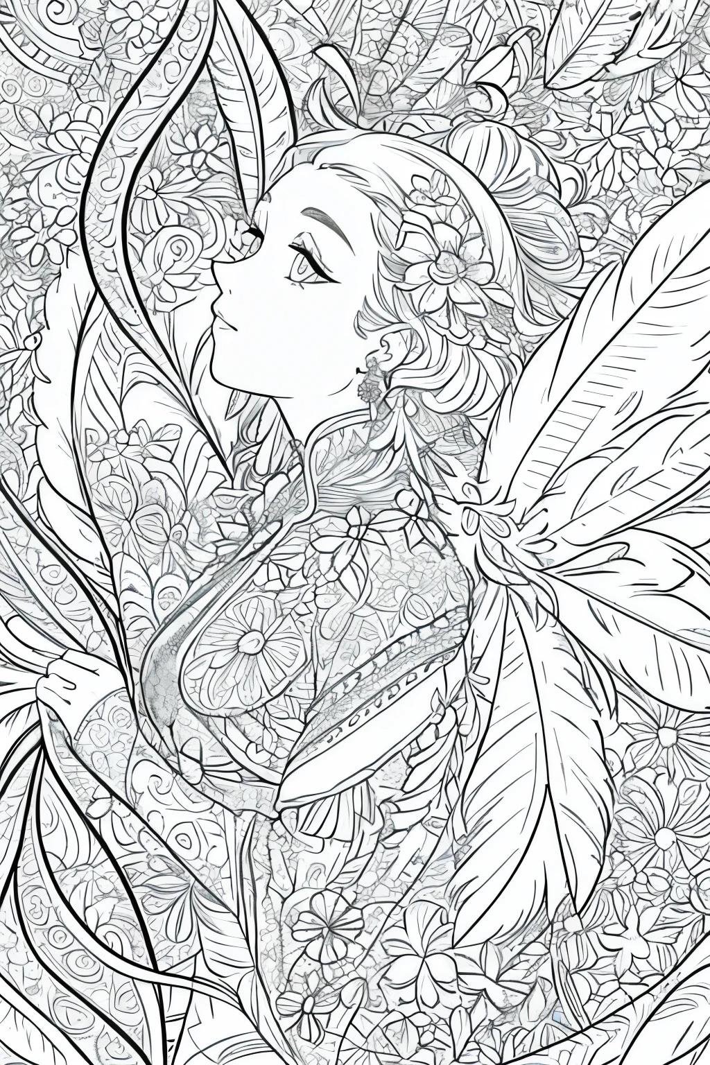 (1girl, solo, from side), extremely detailed, (abstract background, zentangle, fractal art:1.3), (many colors, colorful:1.1), (feathers, petals, flowers:1.3), dynamic pose, earrings