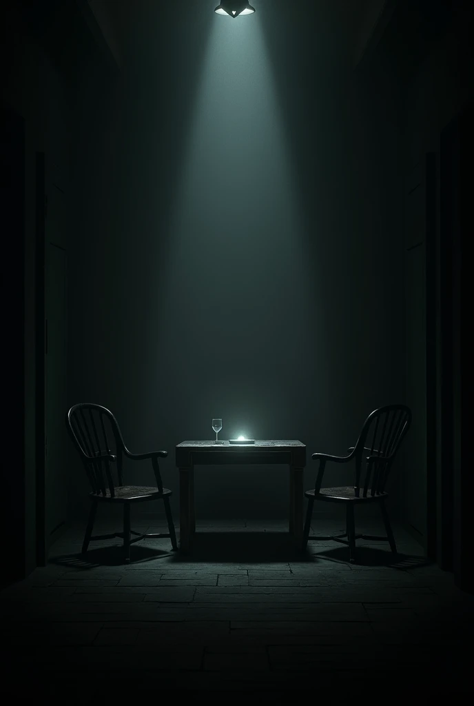 2 chairs in a dark room , a table in the center, little dimlight coming from the chilling reflecting light only in tha table and chairs in the middle of the house