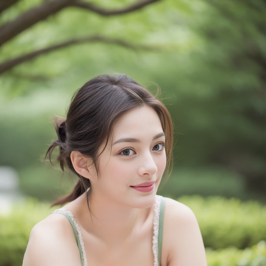a Close-up portrait of gorgeous smiling cute Japanese woman in a nudity outfit, delicate facial features, porcelain-skinned, ponytail, a fusion of young Marion Cotillard's striking eyes and young Anne Hathaway's introspective gaze, long and slender cute face, Asian winged eyes, wavy nose, full wide lips, flowing very long straight black hair in the air, silhouette, bokeh,