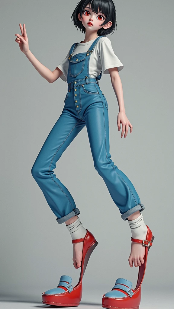 a 17 year old girl, grey skin, red eyes, short black hair, denim overalls, muted blue shirt, red shoes, mischievous personality, bold pose, anime style, detailed face,realistic skin texture,photorealistic,dramatic lighting,vibrant colors,cinematic composition,beautiful detailed eyes,beautiful detailed lips,extremely detailed eyes and face,long eyelashes,dynamic pose,intricate details,1girl,best quality,4k,8k,highres,masterpiece:1.2,ultra-detailed,realistic:1.37,physically-based rendering,professional,vivid colors,bokeh