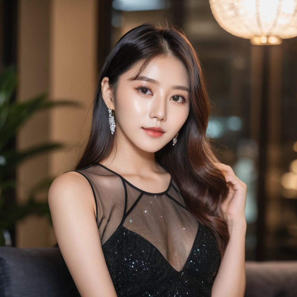 photo of a 20-year-old women, Eunji, (wear black seethrough dress), looking at the camera dslr, ultra quality, sharp focus, tack sharp, dof, film grain, Fujifilm XT3, crystal clear, 8K UHD, highly detailed glossy eyes, high detailed skin, skin pores