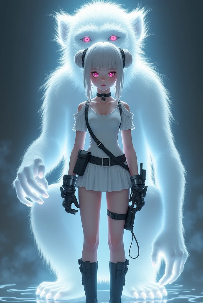 White miniskirt dress with black boots、Full image of a girl in combat gear with pink eyes、Monkey Background、Aura of Ghost of a monkey in the background、Pink eyes and twin bun hair、A beautiful girl in a white one-piece dress and combat gear is surrounded by a red monkey aura in the background.、Full image of the girl、Smaller breasts、Ghost of a monkey、Ghost of a monkey Fit the entire image within the frame。