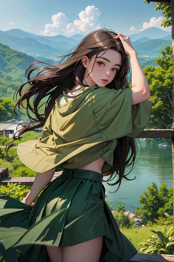 Master piece, 18 years old, young girl, Dark Brown Long hair, posing in front of full view of city floating. jungle with green mountain background.