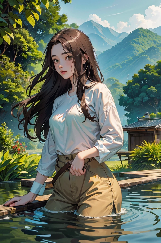 Master piece, 18 years old, young girl, Dark Brown Long hair, posing in front of full view of city floating. jungle with green mountain background.