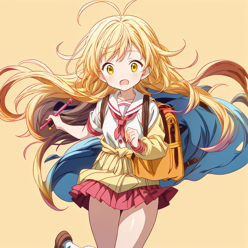 1girl,(((Perfect Anatomy、Highest quality、Masterpiece、Official Art、Super detailed、Dynamic structure、Anime Style)))、Elementary school students、Red dress with large yellow buttons around the waist、White Y-shirt、Red on the neck🎀、White knee-high socks、Brown Loafers、Carrying a red backpack、A soprano recorder is visible from the school bag.、Being buffeted by strong winds、Image from above、Strong wind blowing from the viewer's side、Strong wind blowing from the direction of travel, hair blowing back、Yellow simple background、