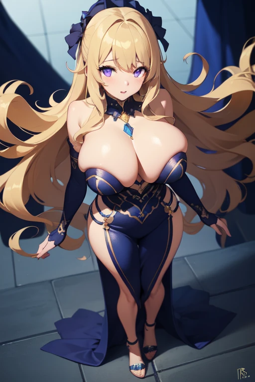 ((Best Quality)), ((masterpiece)), (detailed), 1 girl, with a blue evening dress,neckline,big breasts,wide hips,by rubio,violet eyes, long wavy fur,((Whole body)),((view from above))