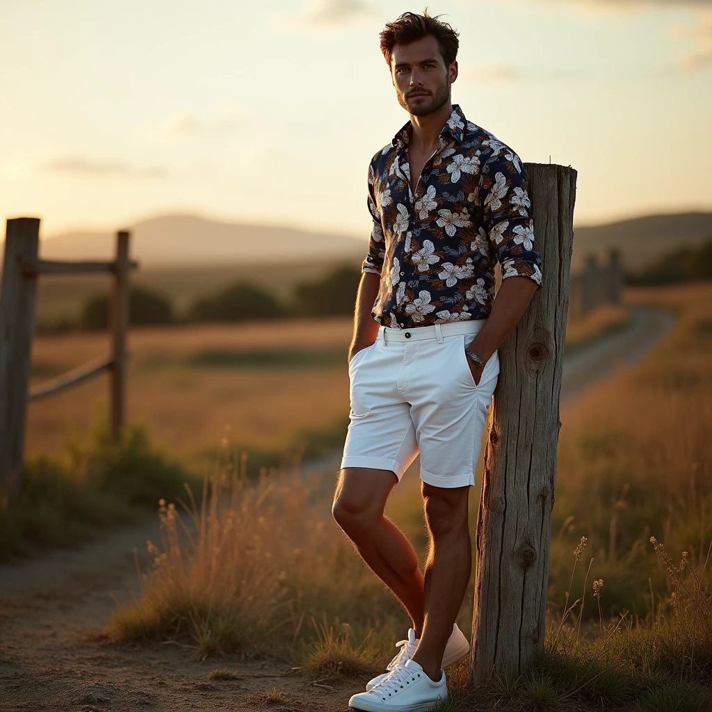 A white man, aged 35, model type, with short dark hair, with blue eyes, wearing a flowered shirt buttoned all the way up, White shorts,  tennis,  leaning against a wooden post in the Alentejo at dawn