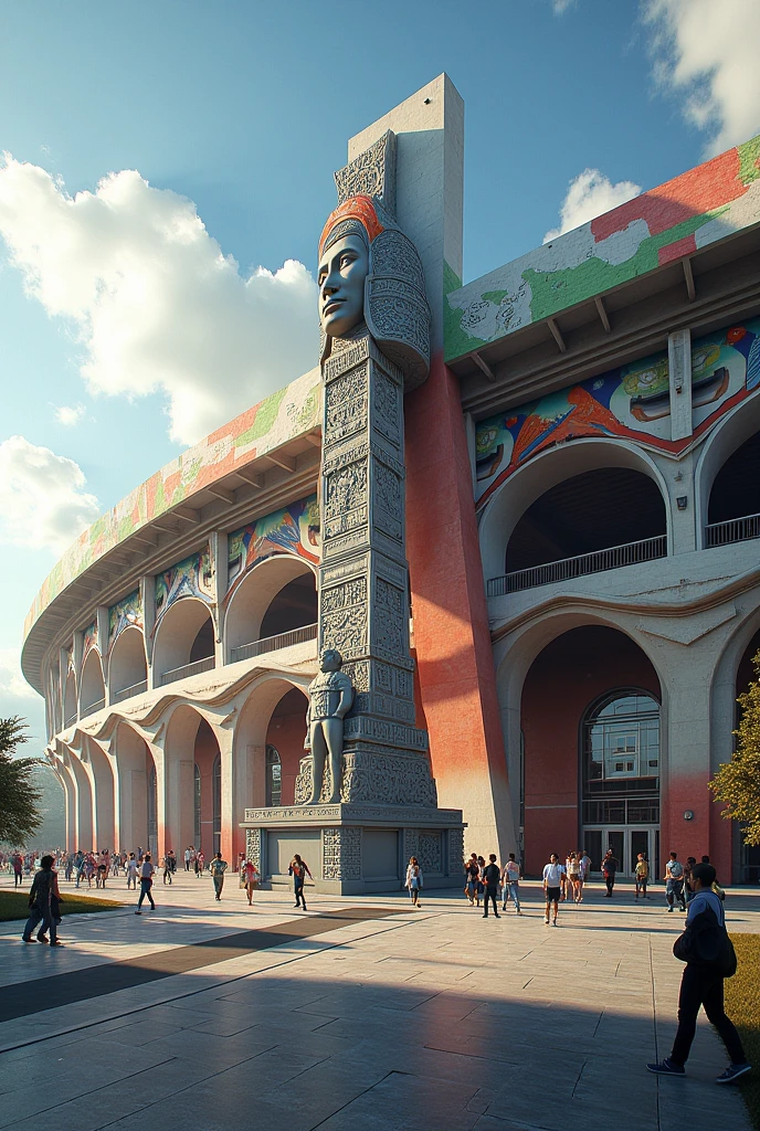 Make me a stadium for Mexico in the 2026 World Cup Make it more modern and with the Aztec stadium with a giant Aztec at the entrance of the stadium 