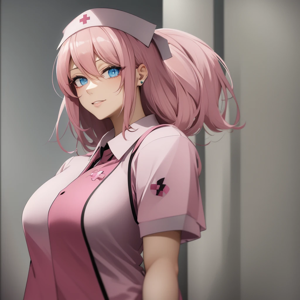 Nurse, feminine, pink hair, smug, light blue eyes, transgender flag