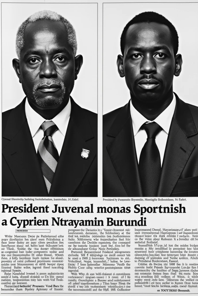 Black-and-white photos of President Juvenal Habyarimana of Rwanda and President Cyprien Ntaryamira of Burundi, followed by a news headline reading