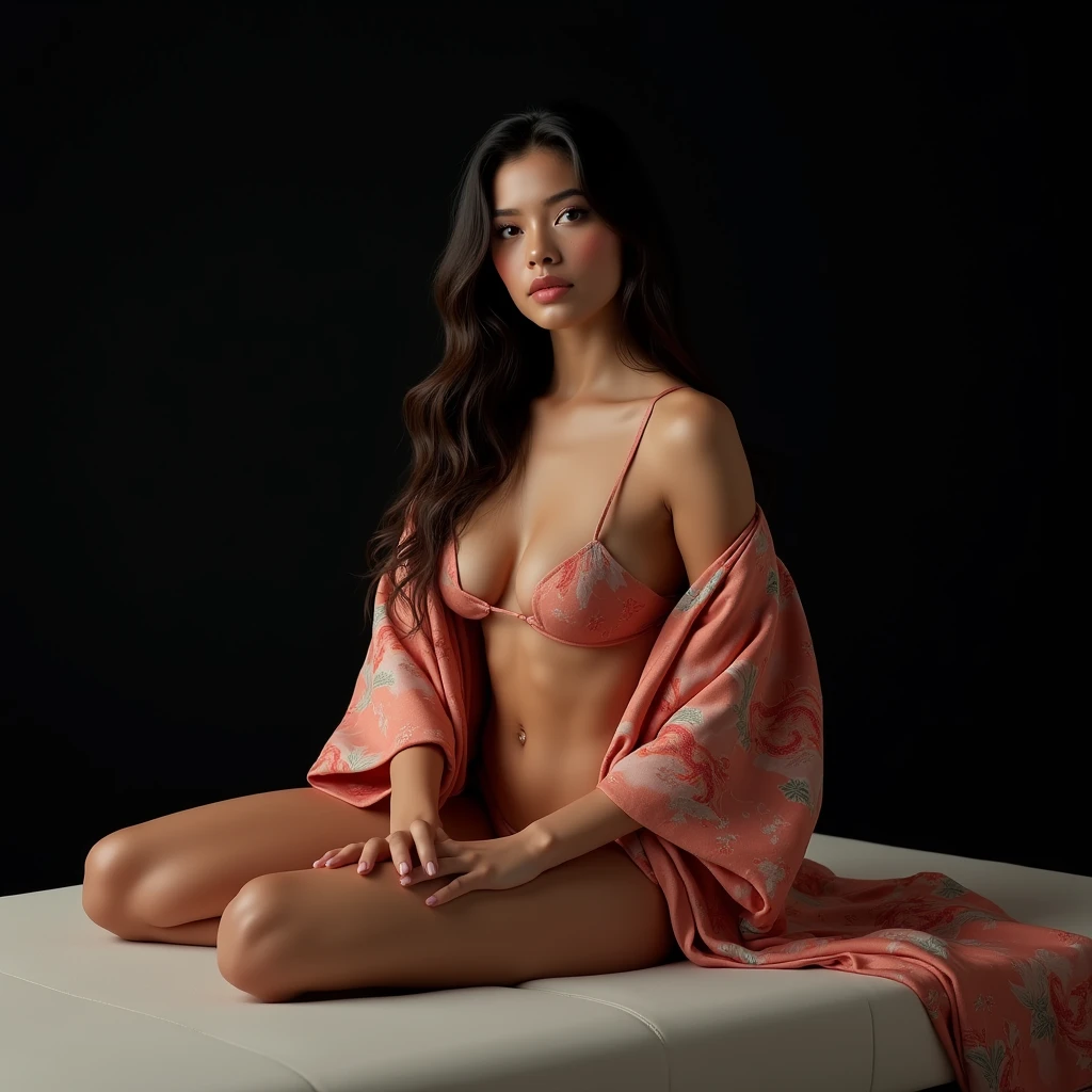 a beautiful latin woman, 18 years old, wearing an asian kimono revealing her huge breasts, showing her legs, sitting on a massage table, photographic studio, black background, detailed face, beautiful eyes, lush lips, long eyelashes, (best quality,4k,8k,highres,masterpiece:1.2),ultra-detailed,(realistic,photorealistic,photo-realistic:1.37),HDR,UHD,studio lighting,ultra-fine painting,sharp focus,physically-based rendering,extreme detail description,professional,vivid colors,bokeh,portrait