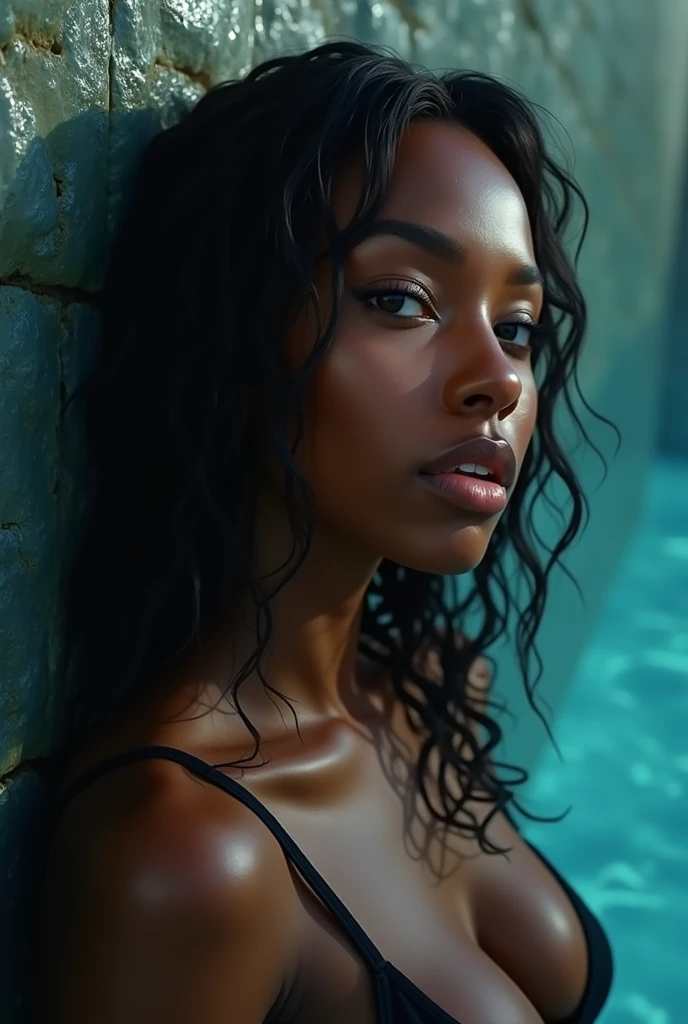 masterpiece, best quality, 1 girl, solo, beautiful African and sensual Asian mixed 19 year old, mouth slightly open, her head gently rest against a wall of water, wet, glistening, side view, profile, ebony skin female, long, silky, curly long dark hair, perfect face, long hair
