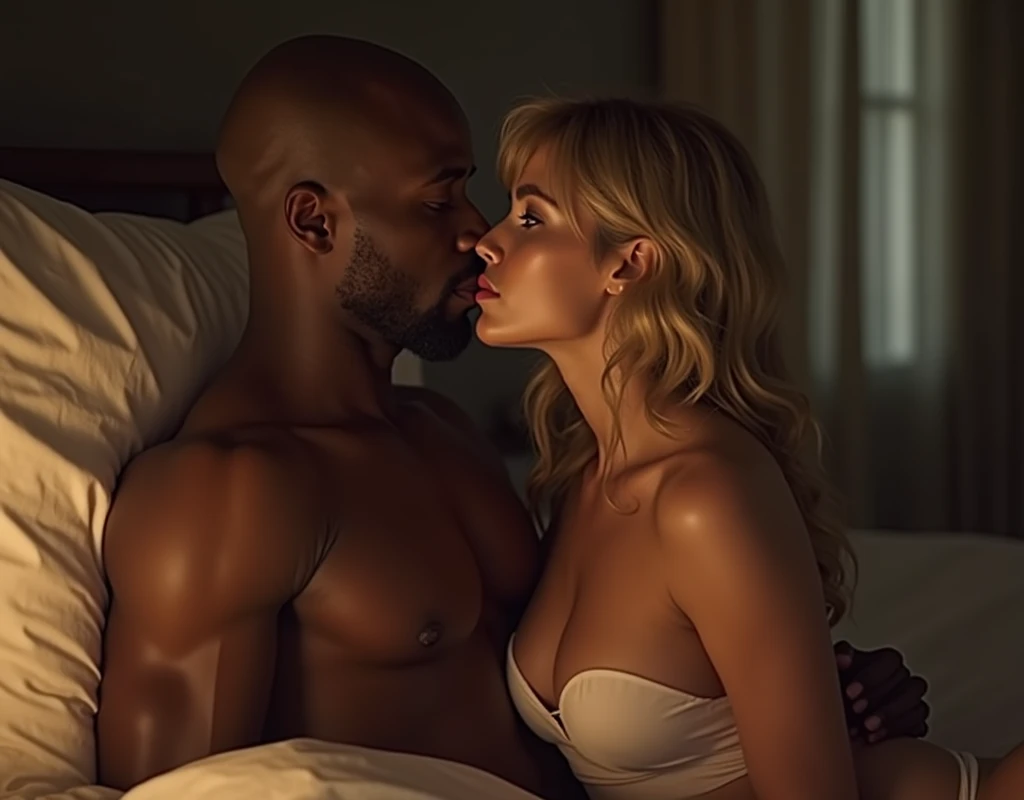 (Photorealsitic:1.4), (masterpiece:1.3), (top-quality:1.4), ultrarealistic, HD 8k,
sexy well proportioned full body of
((innocent and (sexy) little 25 years woman) and
(tall (muscular) black man )),
man lycra white translucent thong, handsome man, powerful jaw, bald, dominant, big muscular arms, wide chest, narrow waist, strong legs, clean face,
she bright expression, extremely beautyful, amazing beautyful, extraordinary beautiful, Detailed cute and beautiful face, beautiful big blue eyes,freckles, medium styllish blonde hair, perky small nose, thin red lips, Beautiful bangs, Glowing white shiny skin, Bangs that extend to the face, tight body, tonned abs, sexy pert buttocks, subtle makeup, extremely pale woman, extremely pale skin, extremely sexy beautyful legs, tonned legs, sexy rounded tight ass,
(cozy night bedroom),
alternative vibe,vibrant lighting, high contrast,dramatic shadows,highly detailed,detailed skin,depth of field,dynamic angle,glimmer lighting, film grain,
woman (white plain ((translucent top)), pink short undies) , extremely translucent top,
man white lycra short thong,
full body view, man and woman kneeling on bed kissing each other, (man holding woman by her waistlying her on bed), desire look, sexy bite lips , 5 toes, perfect feet, passionate pose, ((uncovered body)), full body exposed, (no deformations), (no tattoos), (perfect fingers), extremely explicit and erotic, detailed breast