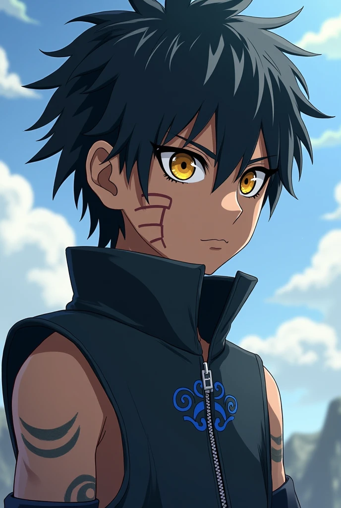 **name:** Takashi Hiroshi
**kor:**
**Appearance:** Takashi has short, messy black hair., with some locks falling over his forehead. His eyes are an intense yellow, expressing determination and cunning. He has tanned brown skin and a thin scar along his left jaw., memory of a difficult battle. He wears the traditional Konoha uniform with some modifications., like a black sleeveless jacket with a navy blue emblem on the back representing an ancestral symbol of the village. Takashi also wears fingerless gloves to improve his chakra control..
**Personalidade:** Takashi is a serious and focused ninja, known for his calm and self-control in intense situations. He prefers to observe and analyze the environment before acting., making him a natural strategist. Despite his cold exterior, he is very loyal to his friends and the team, especially Boruto and Sarada, with whom he developed a strong bond. He has a subtle sense of humor, which is usually only shown at unexpected moments.
**skills:**
- **Specialty in Elemental Ninjutsu:** Takashi has a great affinity with the Wind element., using quick and sharp techniques to attack his enemies from a distance. He is also learning to manipulate the Water element., combining the two to create complex techniques.
- **Fast Taijutsu:** Although it is not its strong point, He is agile and uses precise movements to dodge attacks and deliver accurate blows..
- **General Affairs Department (Crystal clear vision):** Seu clã tem um General Affairs Department único que permite a Takashi ver as correntes de chakra ao seu redor como padrões cristalinos, facilitating trap detection, illusions and hidden enemy movements.
**history:** Takashi is a descendant of a clan that was nearly wiped out during the great wars., being one of the few remaining members. He grew up with a strong sense of responsibility to restore the clan's honor., which led him to train intensely from a young age.