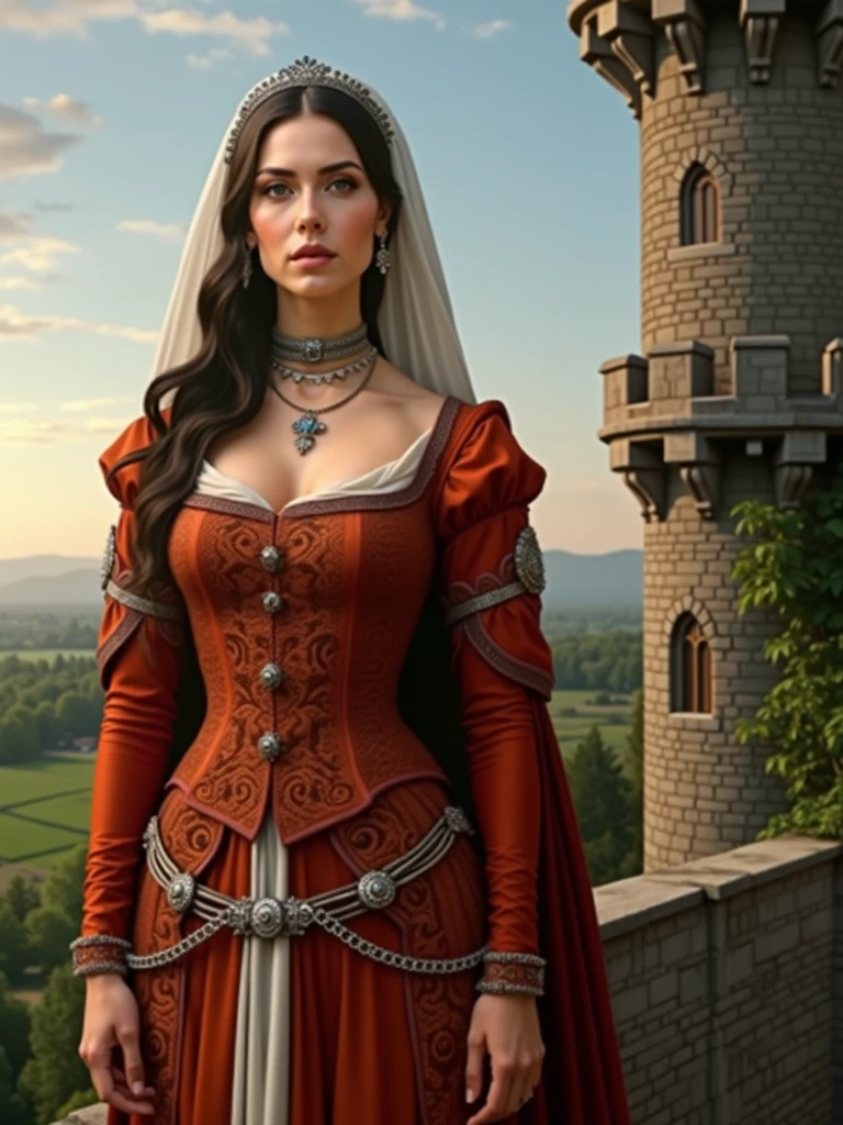 Abigail Shapiro (Beautiful and sensual busty athletic (delgado) Brunette queen with marked facial features and a modest updo hairstyle., light purple medieval dress, long sleeves, intricate patterns, Scrollwork, wide collar, corona, veil, long dress, modest dress, tight bodice, silver belt, (waist chain), medieval jewelry, middle Ages, castillo, rampart, wall, exterior, on top of a castillo wall, trees, field, evening, Sunset. big breasts.)