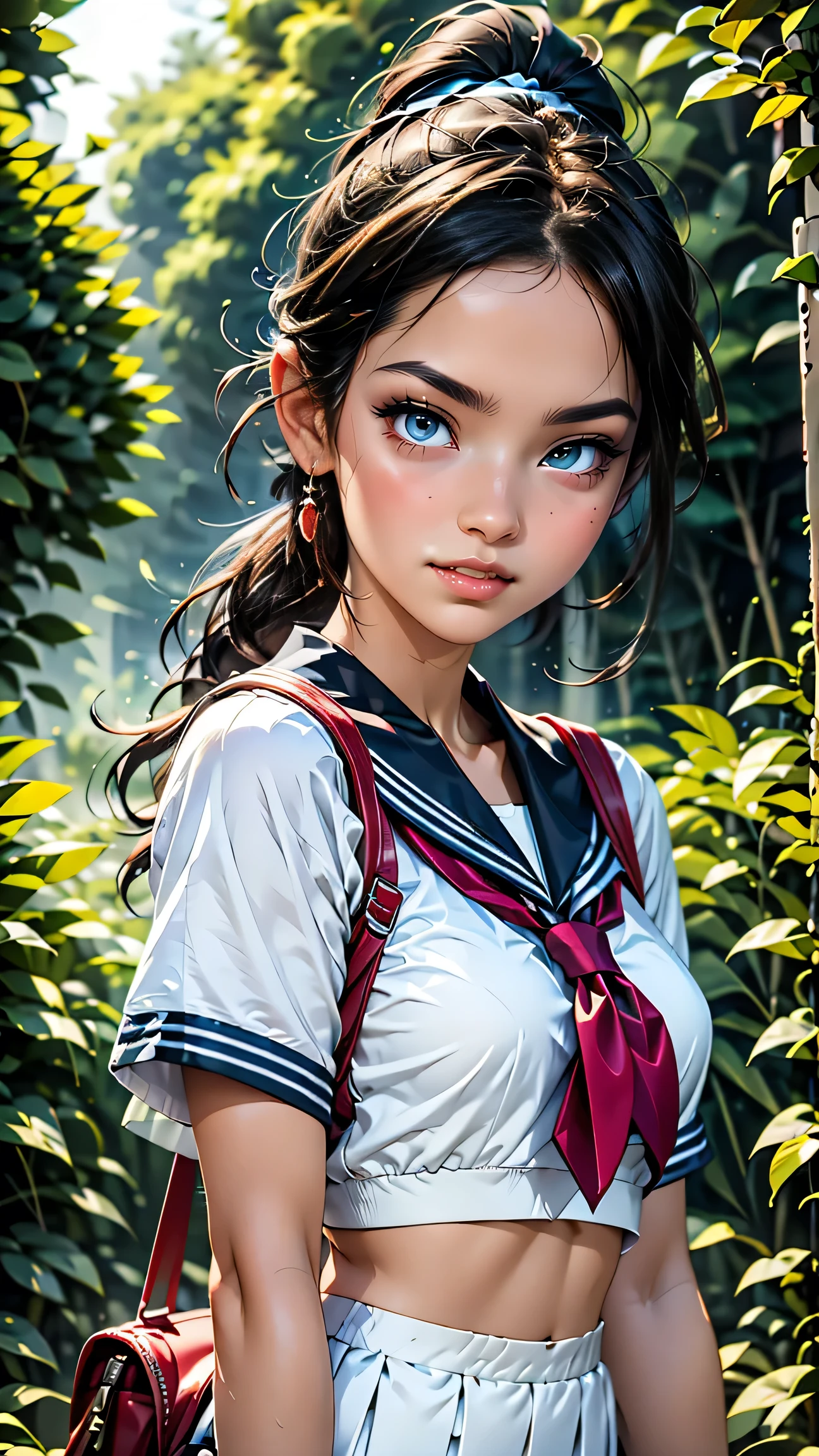 high school girl、White Sailor Suit(summer服)、White pleated skirt、White socks、loafers、ponytail、school bag、summer、sunset、Her underwear is visible through her old clothes.、In the depths of the night forest,、masterpiece, 最high quality, high quality, High resolution, (((Upper body portrait)))、Upper body portrait、black eye、With a smile