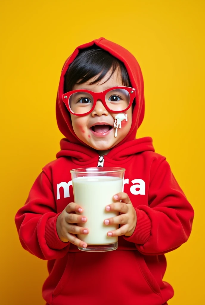 photo of an Asian toddler girl, 1 y.o, fat, pretty, cute, chubby, reddish cheeks and lips, wearing glasses, wearing child hijab, wearing a red XXL size adult hoodie, that say "MANORA", laughing broadly while holding a huge milk glass, her face was messy with spilled milk, blank yellow background