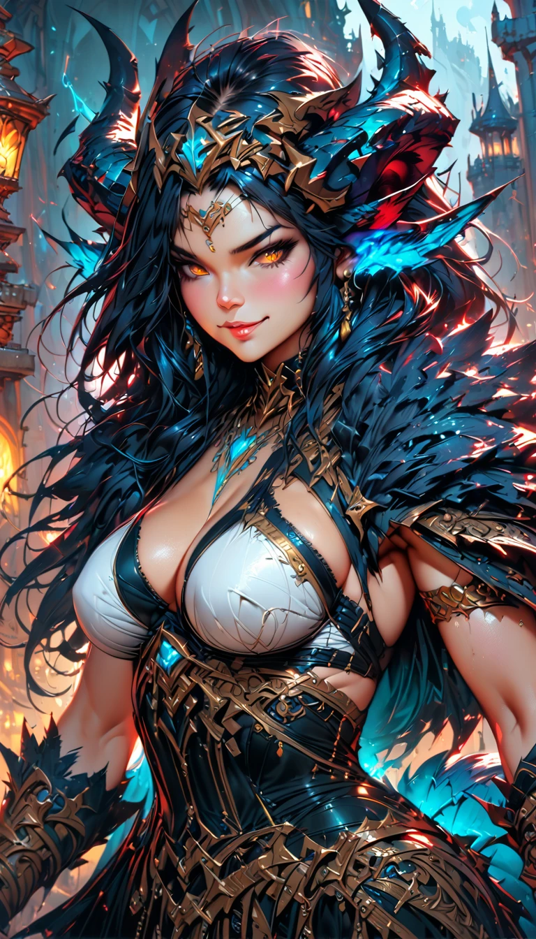 best quality,4k,8k, highres, masterpiece:1.2), ultra-detailed, extremely detailed eyes, extremely detailed body, (large masterpiece digital art), (detailed manga illustration), (detailed line art), ((perfect anatomy)), (intricate details:1.3), (ultra-detailed:1.3), (illustration:1.3), (sharp focus:1.3), (natural lighting:1.05), (vivid colors:1.3), (masterpiece), (best quality:1.4), (perfect anatomy:1.4), high quality, expressive eyes, full body, detailed face, beautiful face, perfect face, 1girl, ((dark skin)), animal ears, black sclera, smile, colored sclera, breasts, solo, monster girl, black hair, (wolf ears), large breasts, curvy, wide hips, long hair, ((gold eyes)), claws, grin, fur, looking at viewer, collar, ((dynamic action pose)), tail, (wolf tail), {(dragon horns)}, demon horns, wings, sadistic smile, hair over eye, {regal outfit}, tiny crown, blue fire, curvy, sexy dress, dark skin, cinematic lighting, dramatic atmosphere, Beautiful woman, dragon spear in hand, Jeff Bridges, ((cartoon style)), Marvel Cinematic Universe style, (((hell castle in the background))), soft bokeh of hellscape, Atey Ghailan, Jeremy Mann, Greg Manchess, Antonio Moro, trend in ArtStation, trend in CGSociety, Intricate, High Detail, Sharp focus, dramatic and photorealistic painting art by Midjourney and Greg Rutkowski,