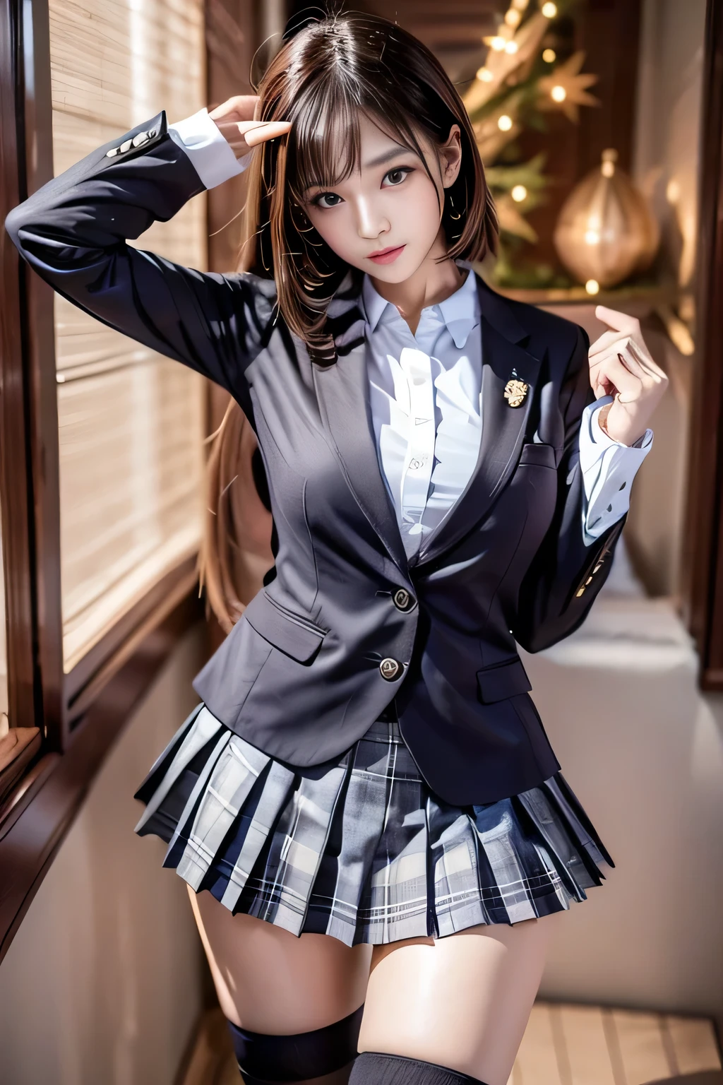 (8k, RAW Photos, Highest quality, masterpiece:1.2、RAW Photos), ((masterpiece:1.4))、((flying debris:1.4))、((Woman with light brown shorthair:1.4))、((Wearing a grey plaid pleated skirt:1.4))、((Wearing a tight black suit:1.4))、((Stand in the hotel bedroom))、very Sexy Costumes, Wearing a suit is strict、Stylish and gorgeous cosplay, Sexy Costumes, FashionWearing a suit, Wearing a suit, appropriate clothing、((Wearing a black suit:1.4))、Sexy look, suit、((Wearing a black suit:1.4))、Wearing a black suit、((Confused expression:1.4))、((Black knee-high socks:1.4))、