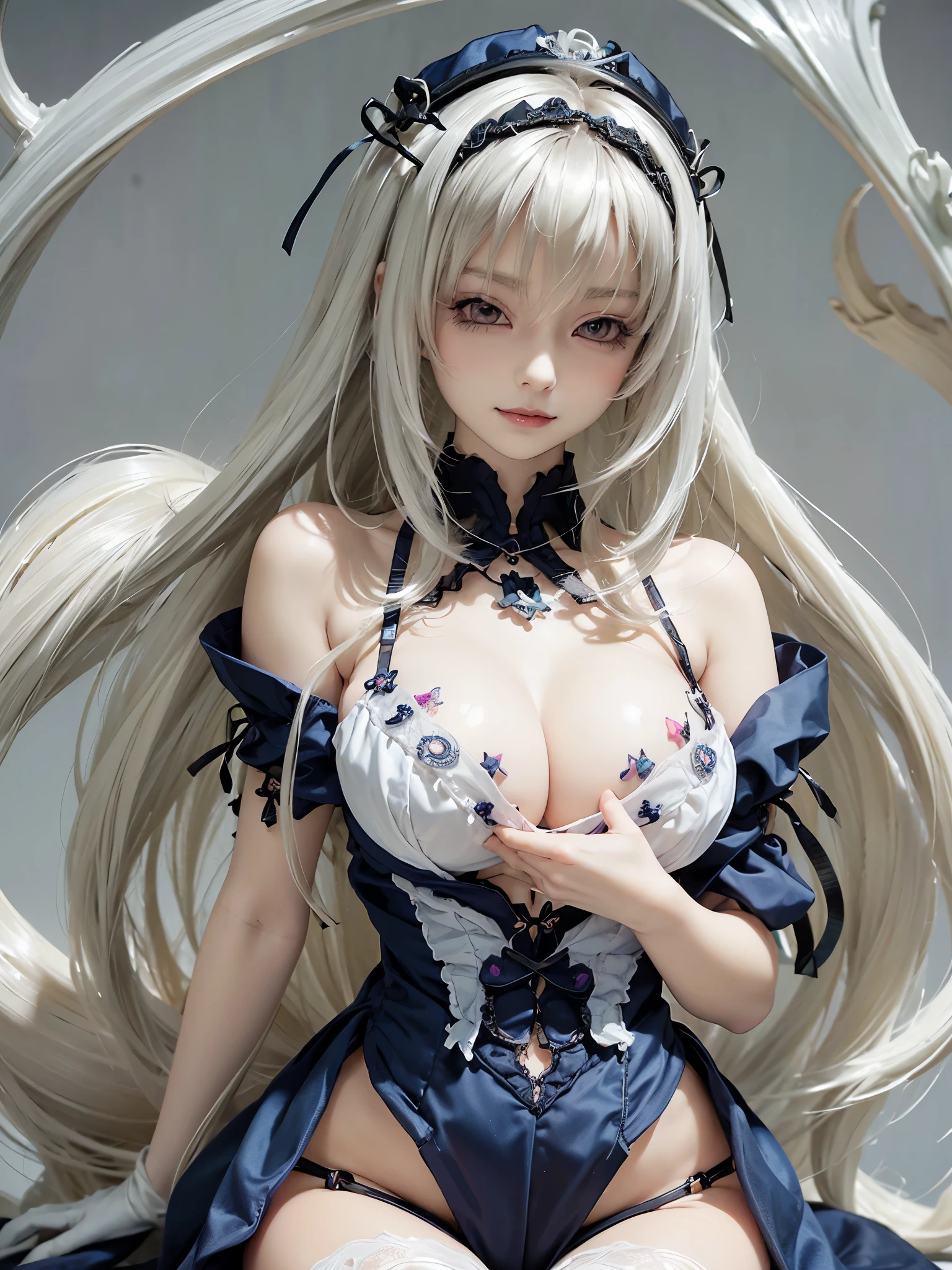 Female masturbation,Rozen Maiden,First Doll,Mercury lamp,suigintou, fine tune, evil smile, pale white skin, (whole body), (huge boobs), detailedeyes, detailed back ground, high resolution, very detailled, Vibrant, goddess, natural lighting, (deep decolte), (mini breast sticker:1.2), (long string thong)