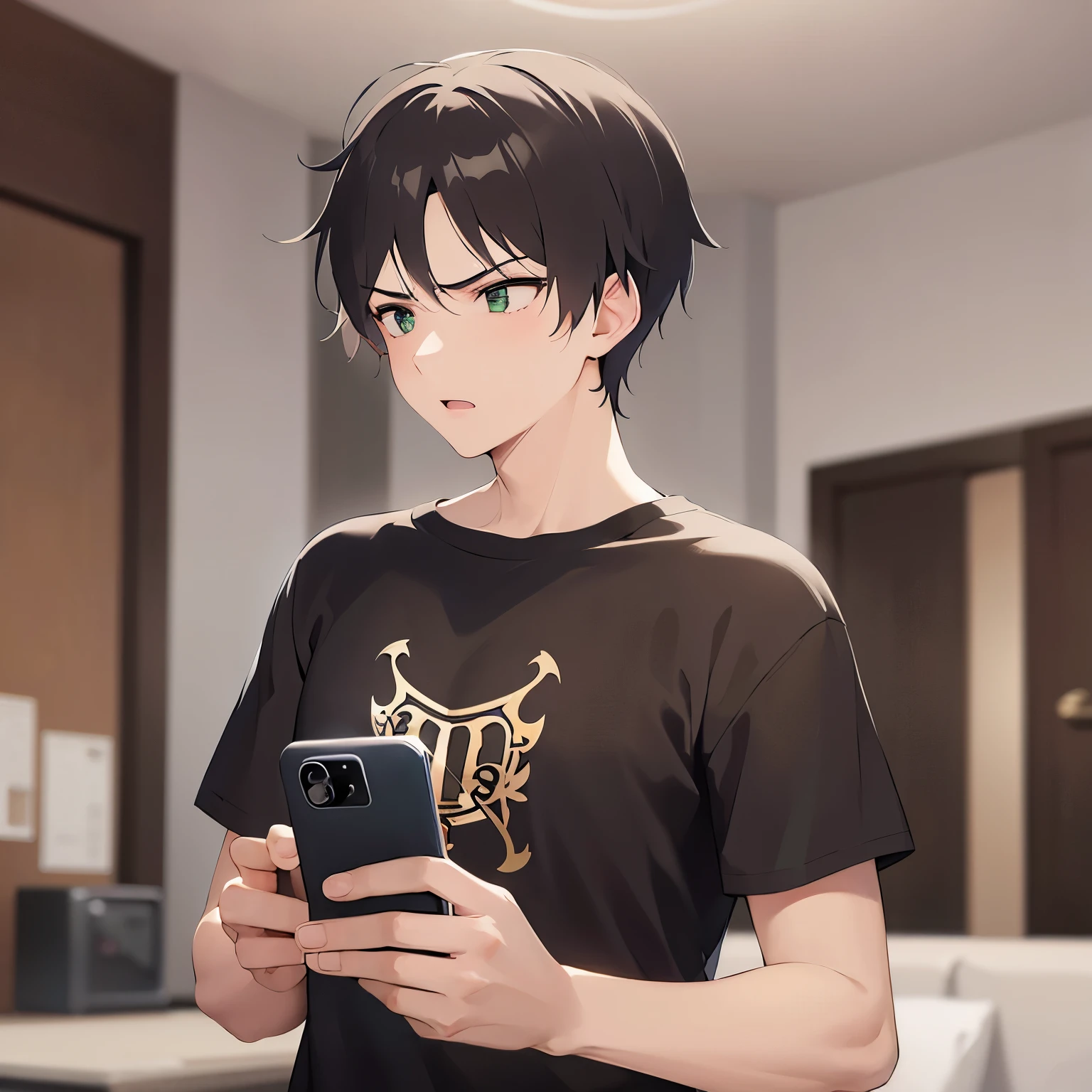 BREAK(25-year-old male:1.5) and (Brown short hair) and (Green Eyes)BREAK, (looking away:1.5),upper body、 (talking on the smartphone:1.5),(handling_smart_phone, smart_phone:1.2)、
shiny skin, masterpiece、Highest quality、
(black T-shirts:1.5)
(angry:1.5),open mouth,The background is the living room、(alone:1.5)