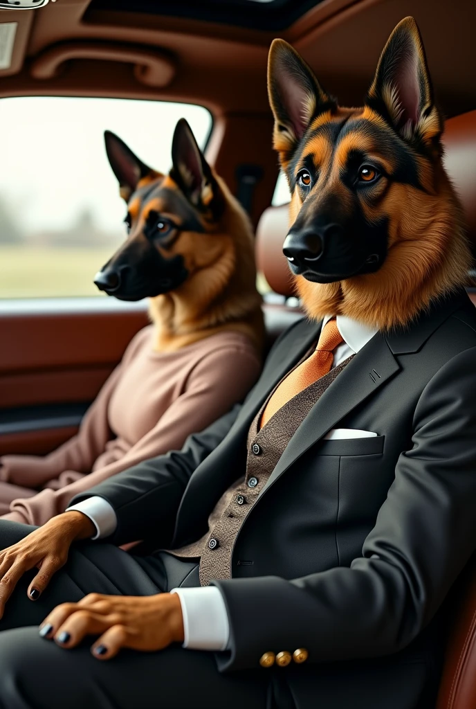 Very rich German Shepherd dog in elegant suit driving in front seat of Rolls Royce and next to him female German Shepherd dog wearing Louis Vuitton dress Realistic, real, high definition details, full picture as real