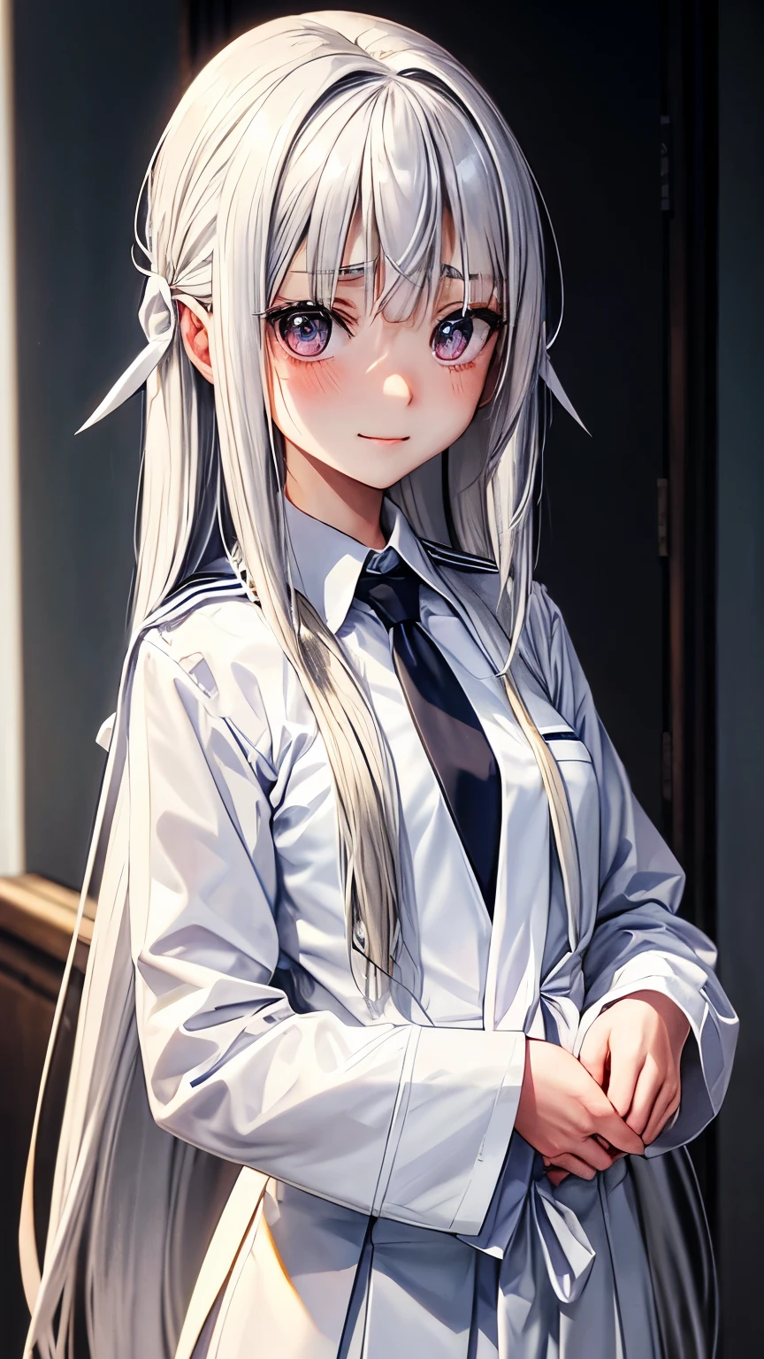 Japanese depressed and tidy girl ((extra very small breast))((slender )), (( white and silver straight long length hair))((straight long forelock :1.5)), ((tidy white school uniform:1.5))((red tie:1.5))((limp smile)), droopy and gentle eyes ((light brown )), eyelashes, thin eyebrows , scared and alone atmosphere, blush, seems very cornered and troubled, ((her hand is in her pocket)), (( face focus:1.3)), best quality,MSFW