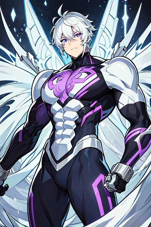 Robot Man, muscular, White hair, purple eyes, with scars en la cara, with scars, chains, metal wings