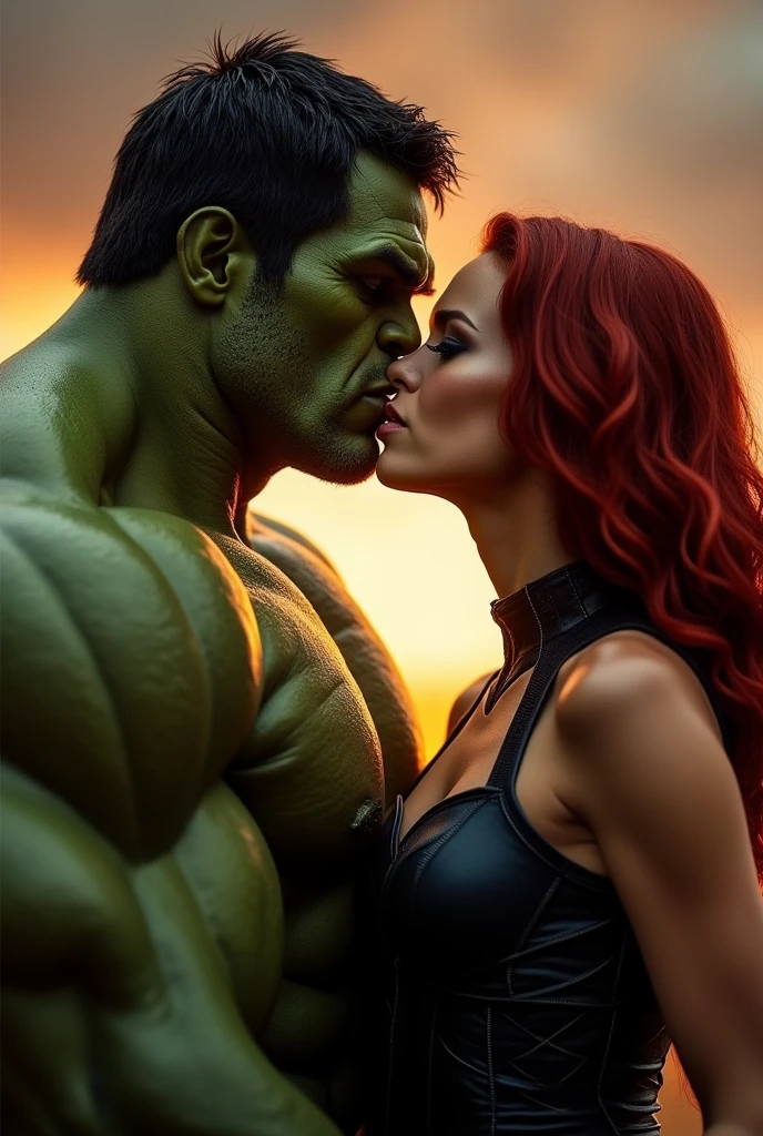 A stunning portrait of hulk and black widow touching each others breasts, kissing, French kissing, tongues touching, they are kissing, young and beautiful, hyper realistic, real portrait, backlit, exquisite features, cleavage, ecstasy, hulk is twice as tall as black widow, he towers over her