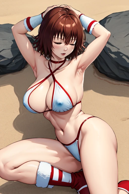 masterpiece, best quality, beautiful art, high resolution, well formed hands, body and fingers, 1 woman, solo, Ryouko Mikado, 31 years old, full body picture, grown up, adult, large and big breasted, cleavage, hair ornament, wearing a Tyris Flare outfit , white_bikini, full body, sexy and skimpy bikini, gorgeous hips, legs and thighs bouncing breasts, red boots,ryona , in peril, she is being beaten up by her opponent, closed eyes, she is knocked down and she is slapped in the face , she falls down backwards, falling down on the floor, receiving the impact of her opponent's attacks, closed eyes, screaming in pain and agony, heroine in peril, ryona and perilous scene, bouncing breasts, weak and helpless, martial arts tournament on the beach