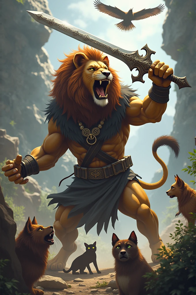 Lion put a Sword and kill dog cat and bad and eagle