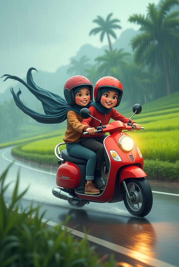 Two muslim cartoon sisters with longscarf are very happily riding the motorcycle with super speed eventhough it is rainy along the road with the view of paddyfield, . Do not show their hair and they are wearing the helmet