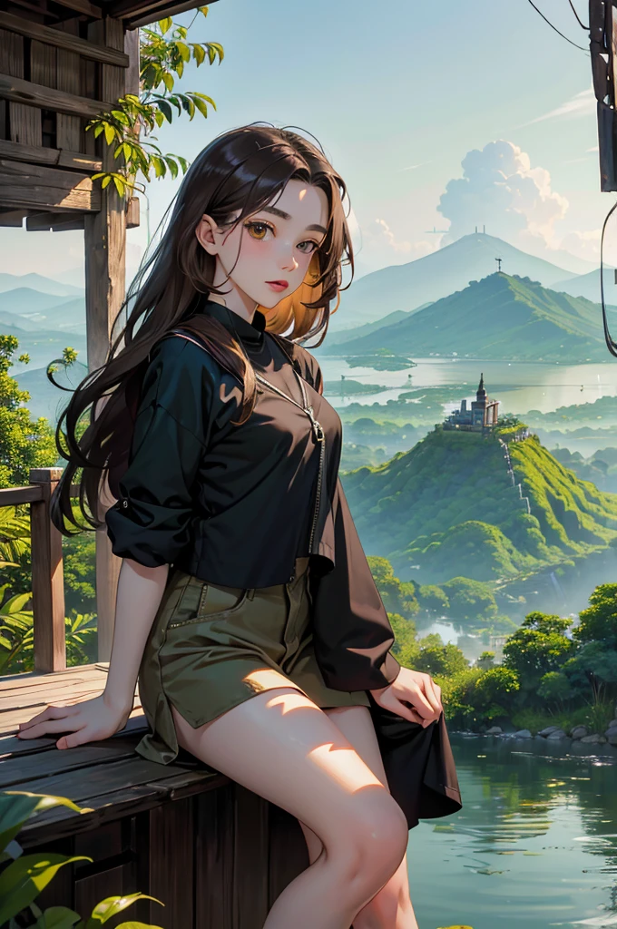 Master piece, 18 years old, young girl, Dark Brown Long hair, posing in front of full view of floating asian city. jungle with green mountain background.