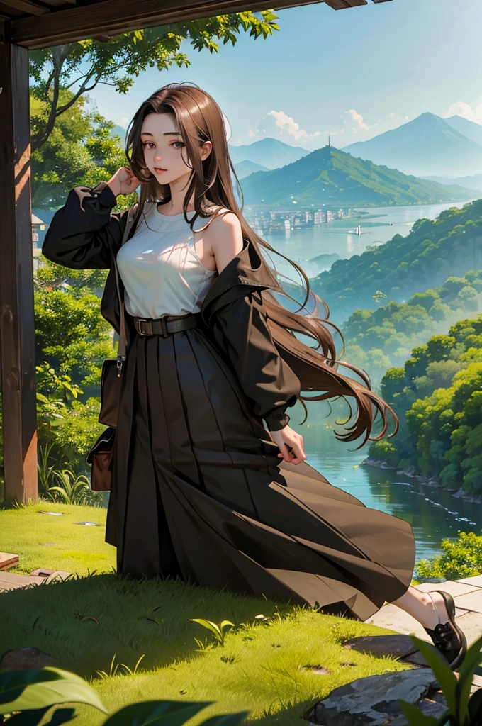 Master piece, 18 years old, young girl, Dark Brown Long hair, posing in front of full view of floating asian city. jungle with green mountain background.