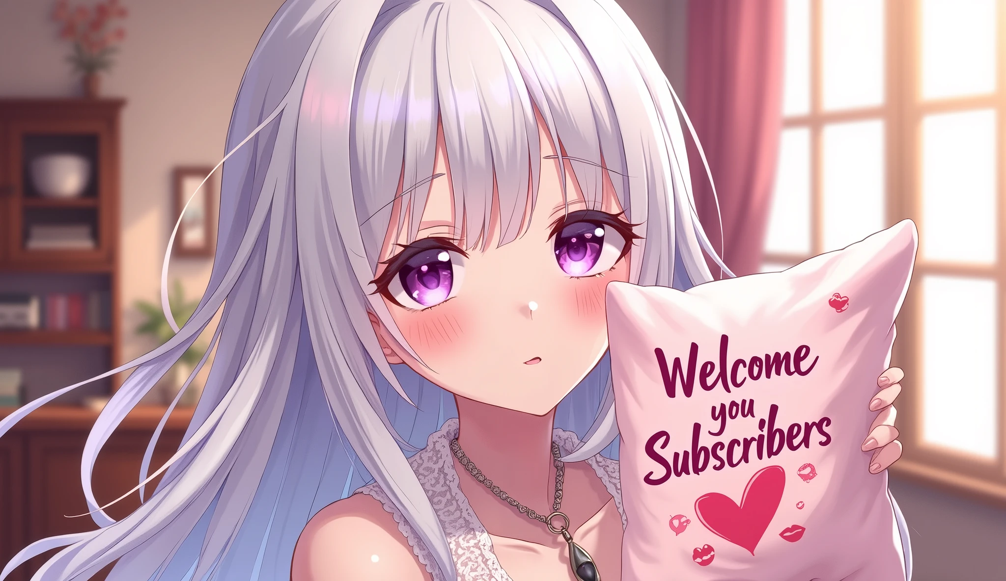 (best quality, ultra-detailed, photorealistic: 1.39), bright and vibrant colors, studio lighting, romantic expression, An effeminate girl, with a delicate and beautiful face. She is a girl who reflects seductive beauty, sparkling eyes, a charming woman with her flowing white hair, her large breasts seductive, wearing a lace blouse with a necklace, her sparkling purple eyes match her beautiful smile, she holds a poster in the shape of a pillow with a welcome message to subscribers, heart emoji and kisses in the welcome message, beautiful room as a backdrop, anime style, Anime Bishoujo